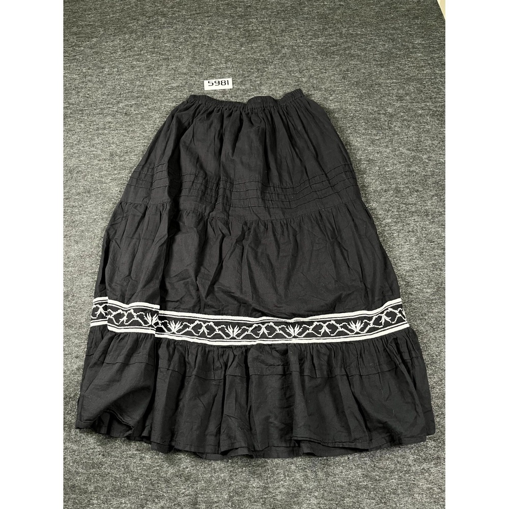 Burrale Maxi Skirt Womens Small Black Embroidered Pleated Elastic Waist Pull On